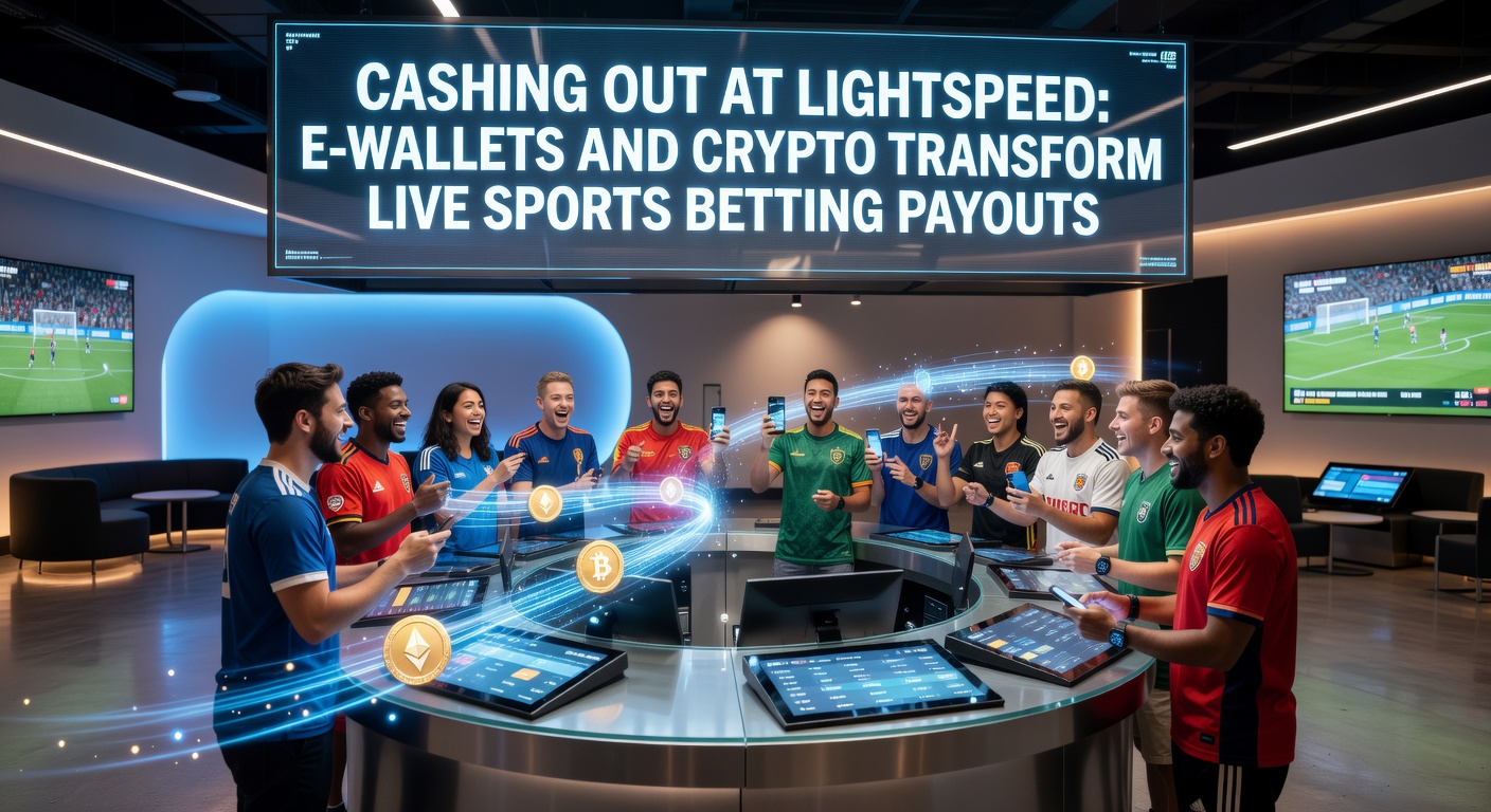 Blockchain-Animation mit Krypto-Coins und einem Live-Fußballmatch im Hintergrund, symbolisierend ultraschnelle, dezentrale Auszahlungen
