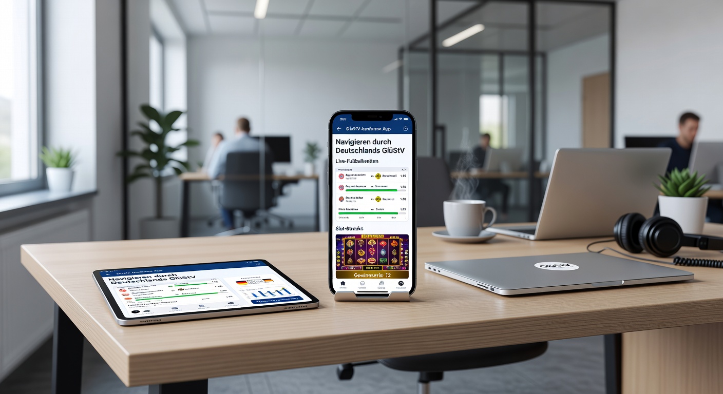 Grafik mit Slot-Rollen, Fußballball und GlüStV-Symbolen auf einem Smartphone-Display