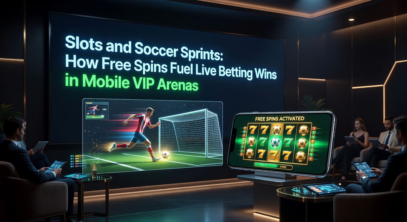 Smartphone-Bildschirm mit Slot-Free-Spins und überlagertem Live-Fußball-Scoreboard, das VIP-Boni und Sprint-Wetten zeigt